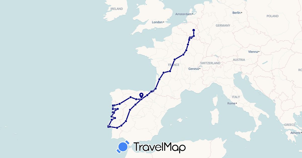 TravelMap itinerary: driving in Belgium, Spain, France, Portugal (Europe)